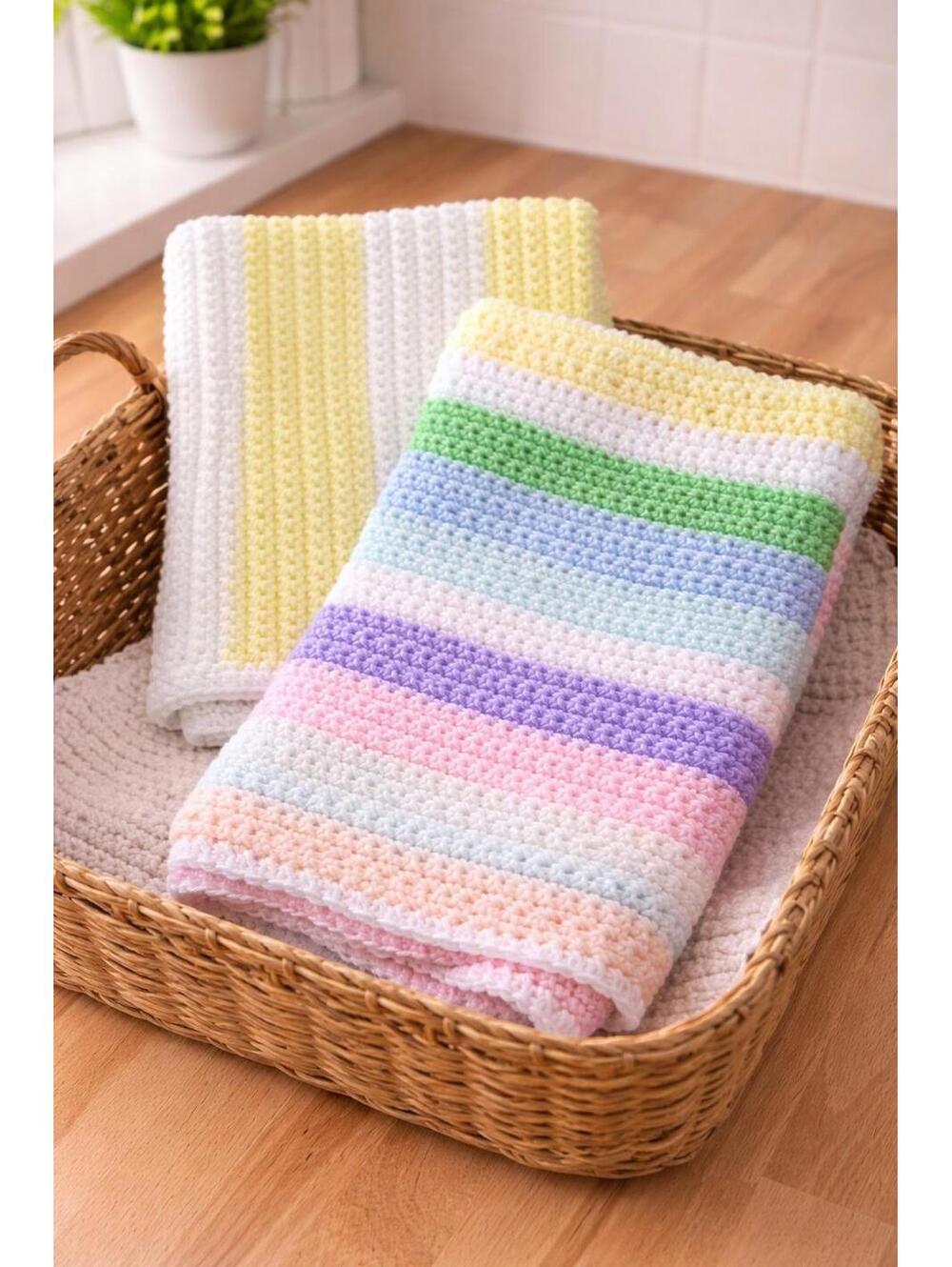 2 Handmade Crocheted Baby Blankets Striped Rainbow Yellow Pastel Soft